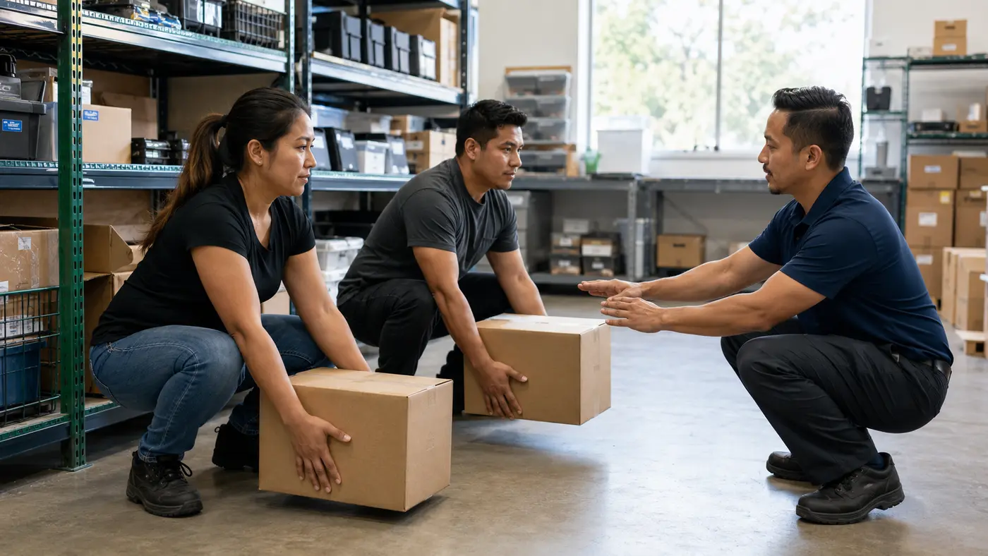 Employees practicing safe lifting in an organized stockroom