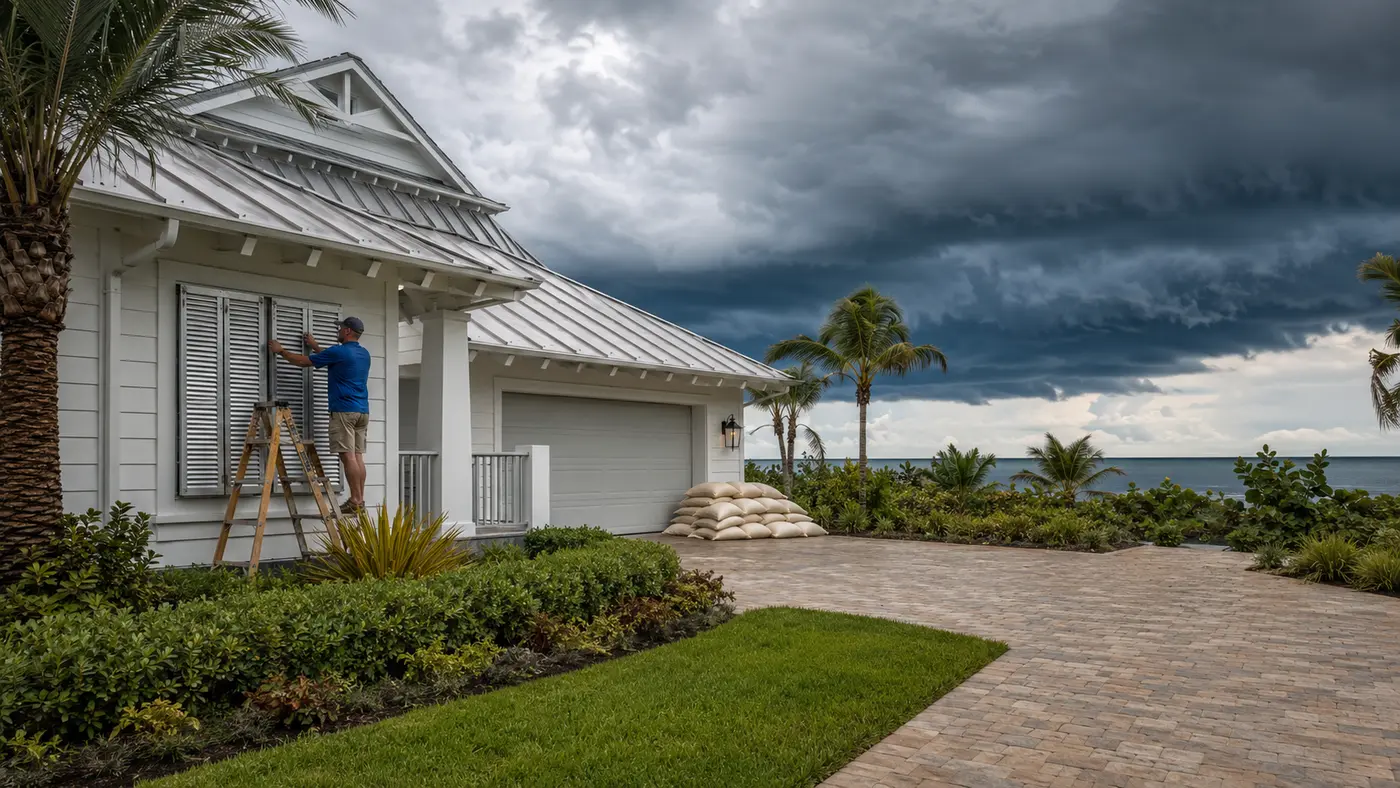 Coastal homeowner securing storm shutters before severe weather