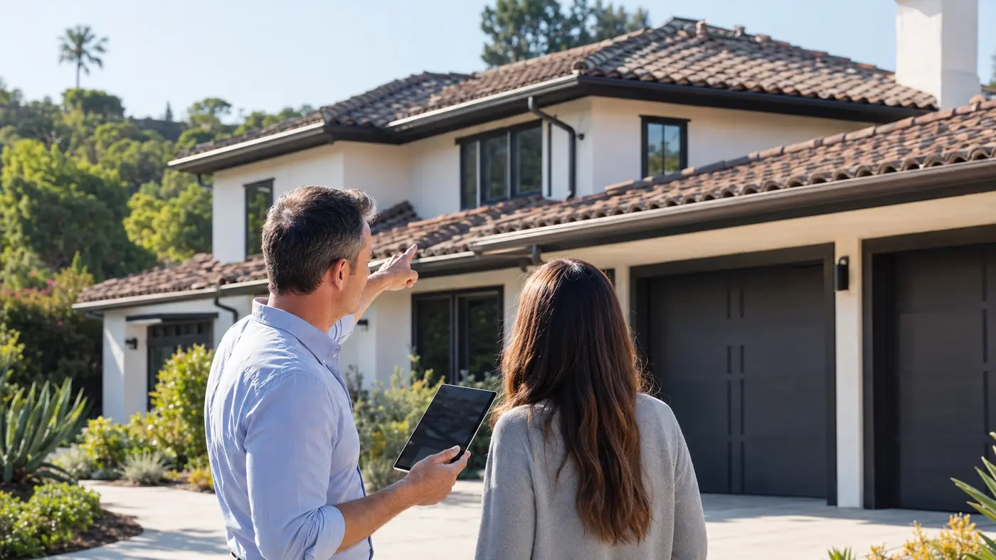 Property risk specialist reviewing roof and exterior features with a homeowner