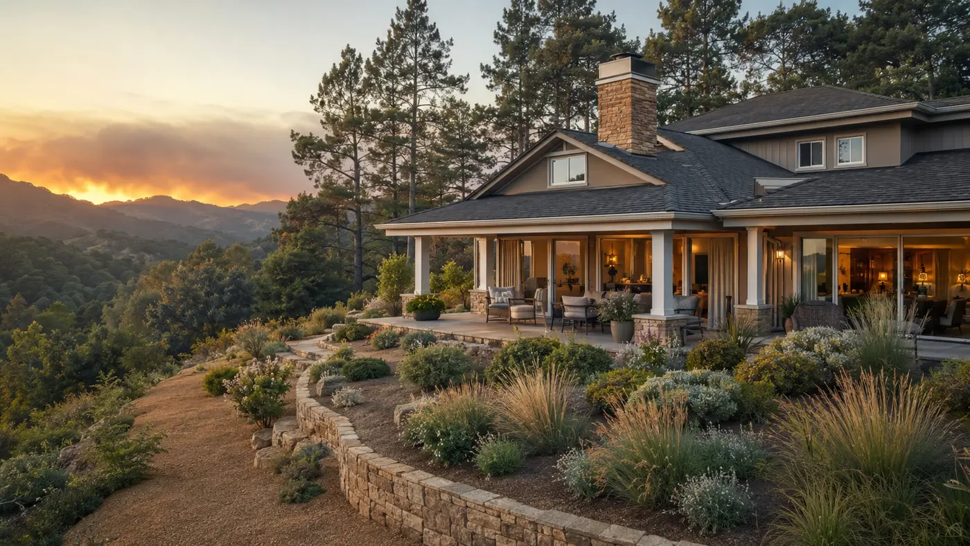 California hillside home with defensible landscaping and a distant wildfire glow