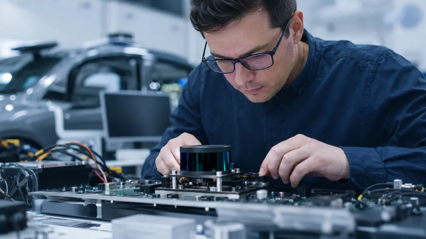 Engineer examining a LiDAR sensor and circuit board in a laboratory