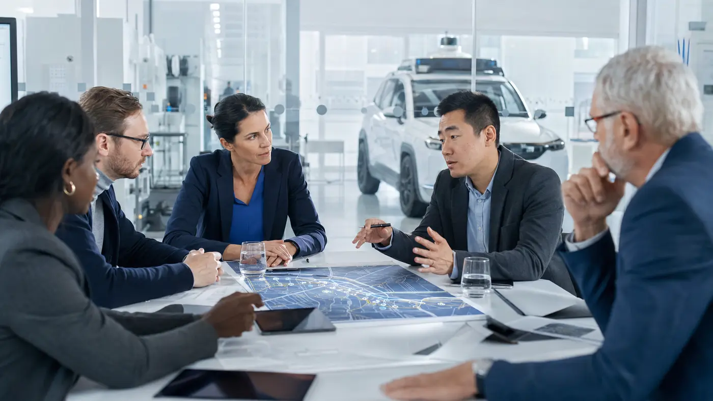 Executives, legal counsel, and risk professionals reviewing an autonomous vehicle project