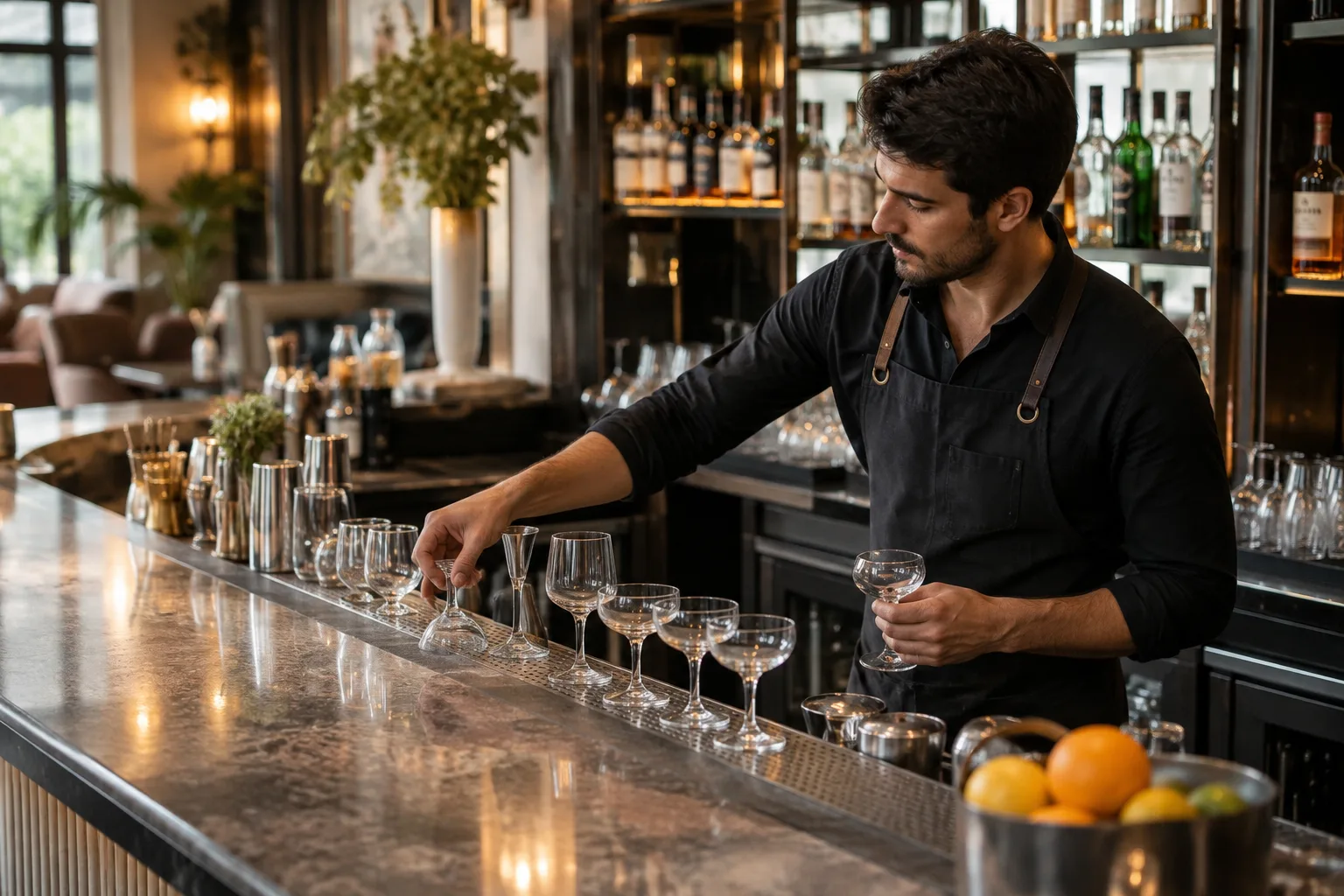 bartender arranging glassware behind an elegant lounge bar