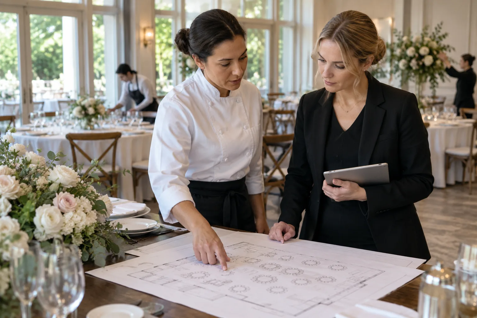 catering manager reviewing an event layout with a venue coordinator