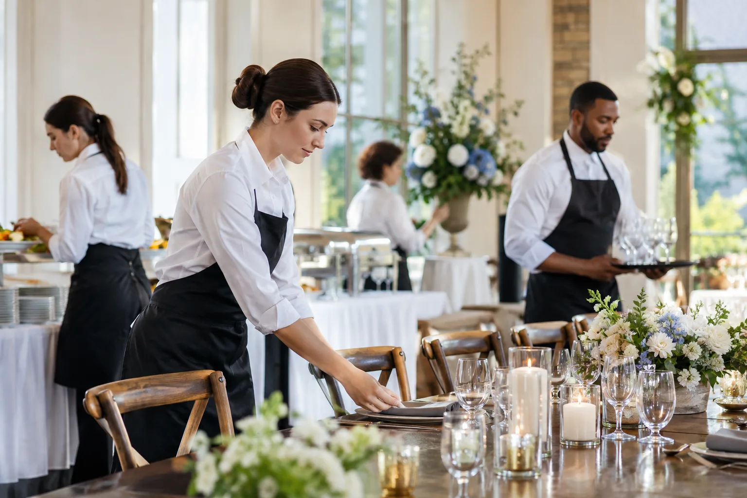 catering team preparing a reception space together