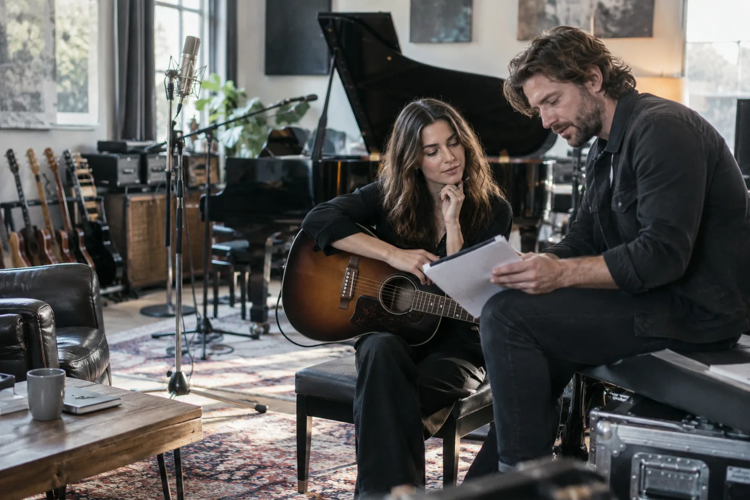 professional musician and manager preparing in a tasteful rehearsal studio