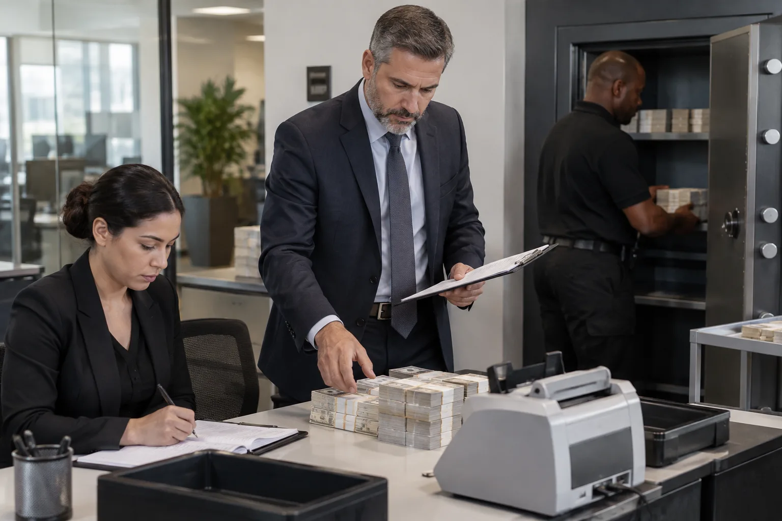 business manager organizing secure cash-handling procedures