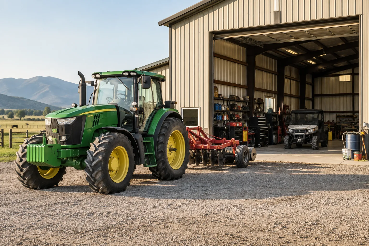 well-maintained farm machinery parked beside an organized agricultural workshop
