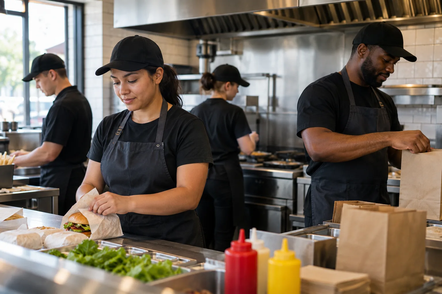 diverse restaurant team in clean uniforms preparing before opening