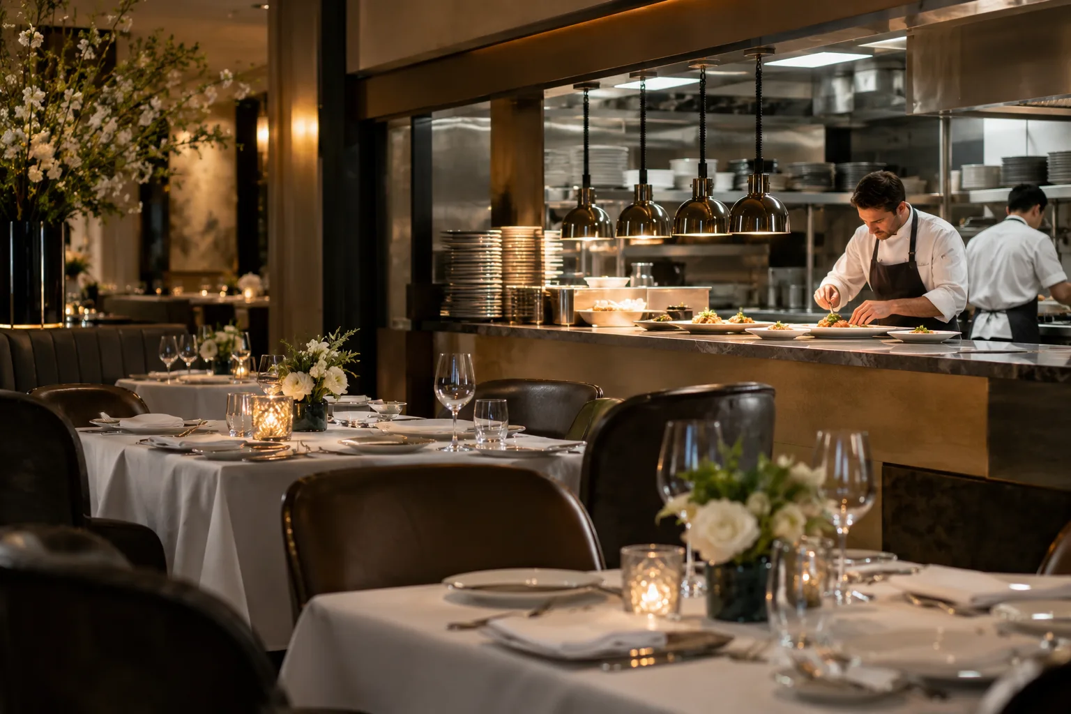 elegant fine-dining room with polished table settings and chef at service pass