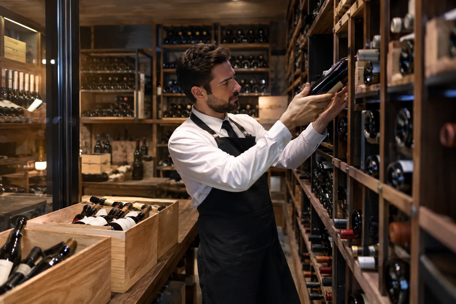 sommelier organizing bottles in a temperature-controlled wine cellar