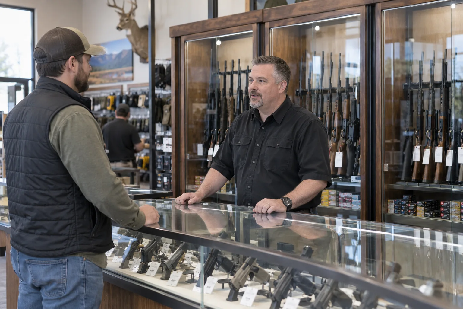 orderly licensed sporting goods retail store with locked firearm display cases and professional staff, no handling or aiming of weapons