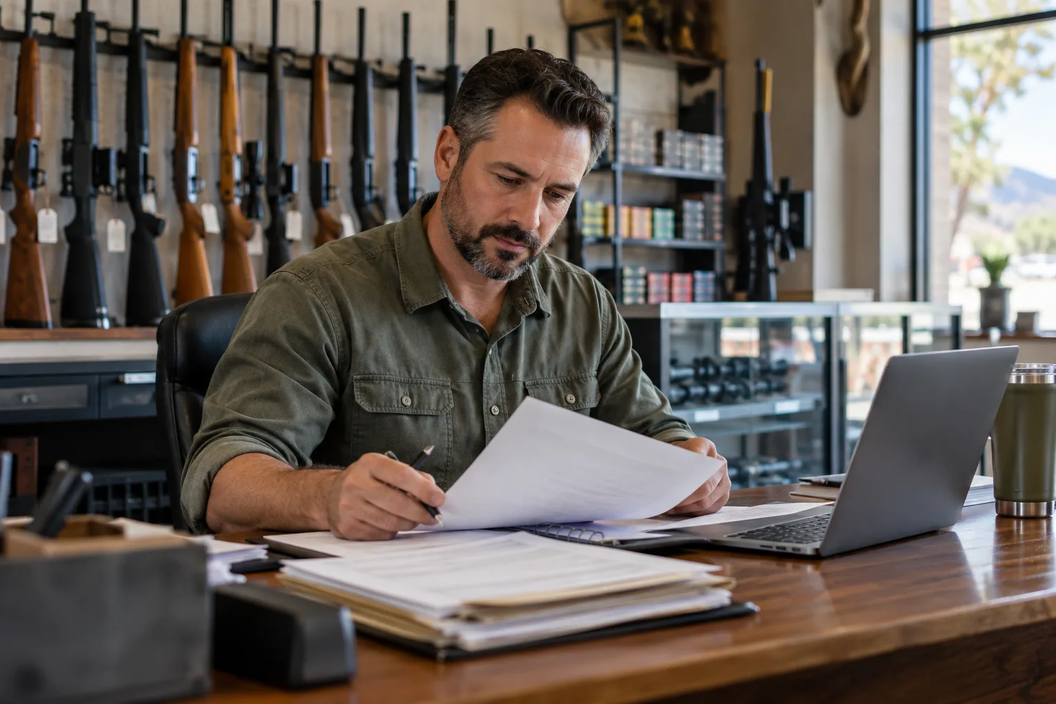 sporting goods business manager reviewing licensing and business paperwork