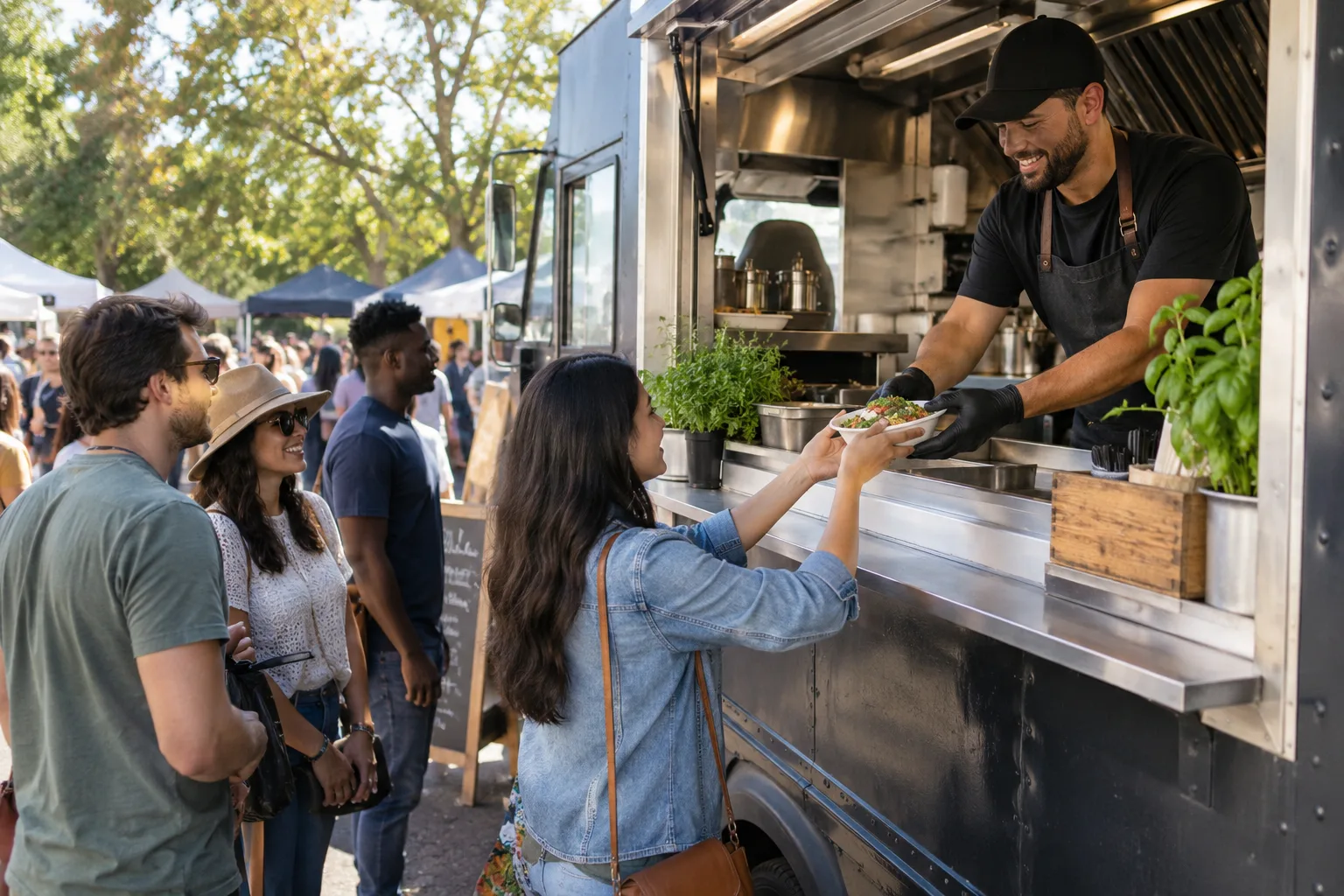 unbranded gourmet food truck serving a community food market in daylight
