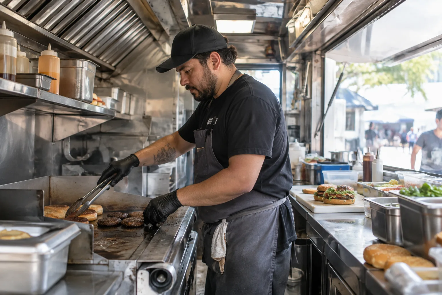 food-truck chef working in a compact stainless steel mobile kitchen