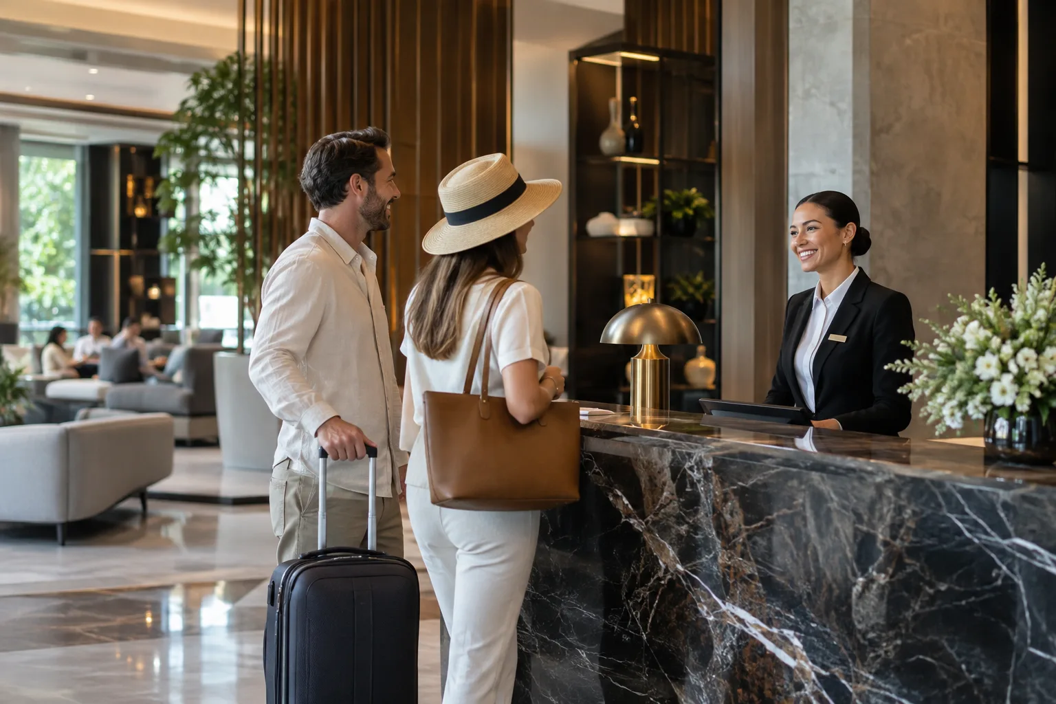 boutique hotel staff welcoming travelers in an elegant lobby