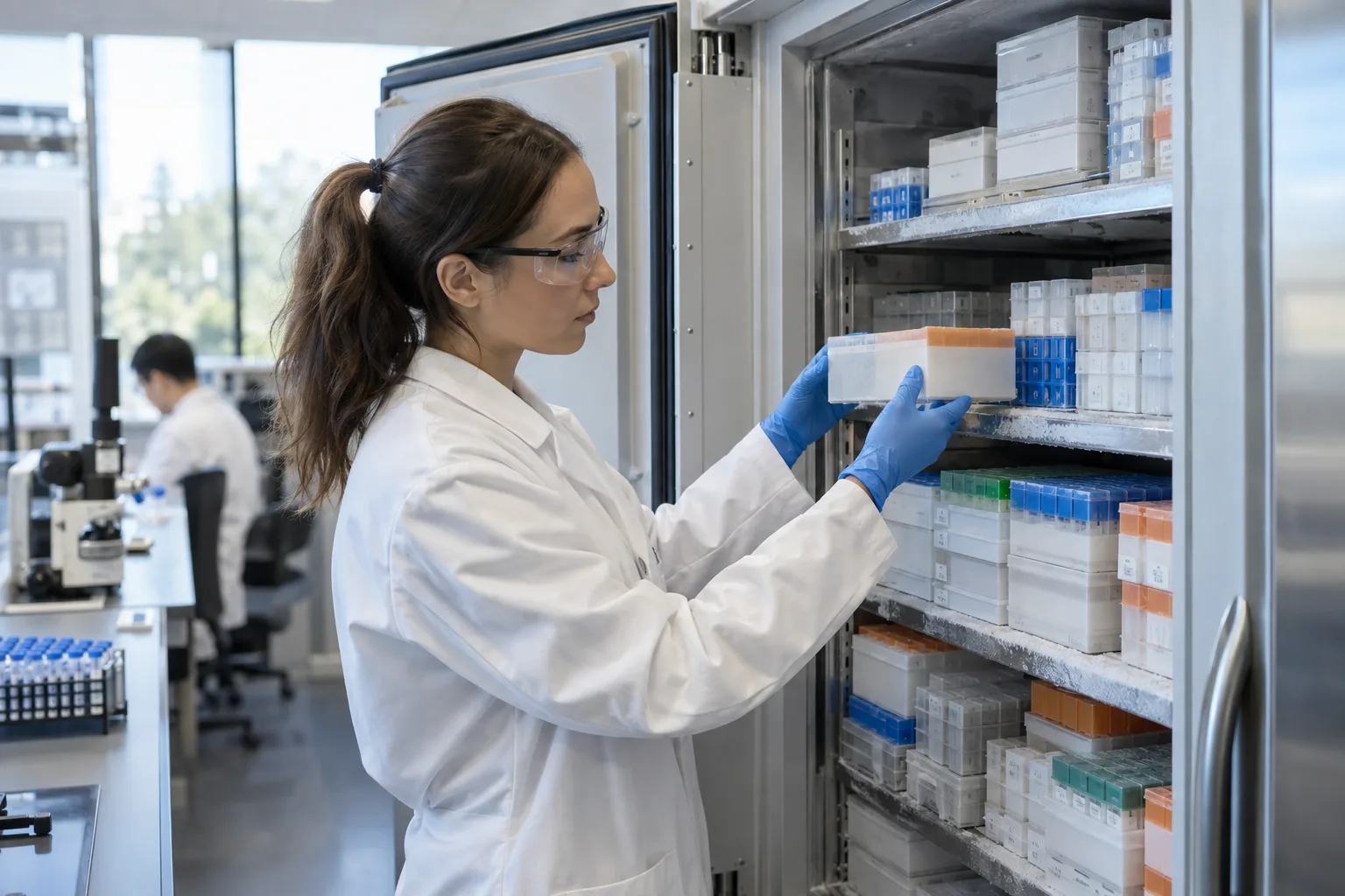 scientist checking organized temperature-controlled sample storage