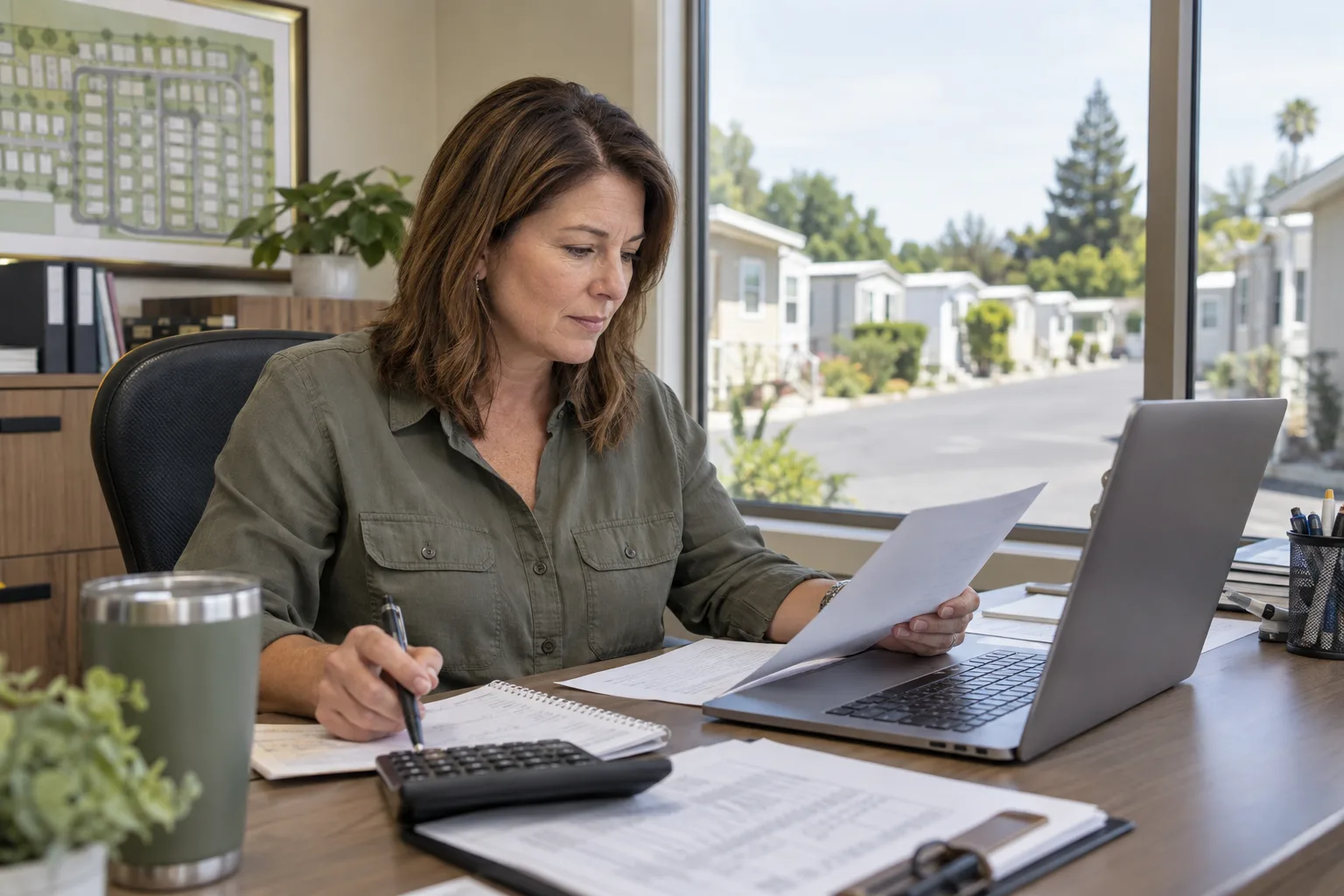 park manager reviewing site occupancy and rent records