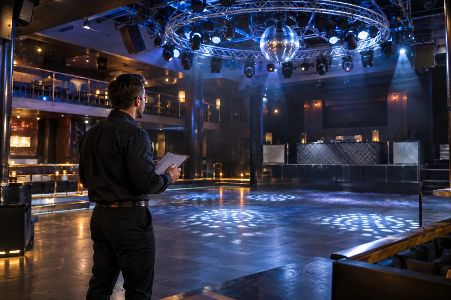 nightclub manager checking an empty dance floor and lighting installation