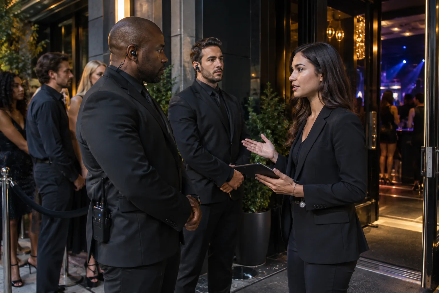 professional event security and venue host meeting at nightclub entrance