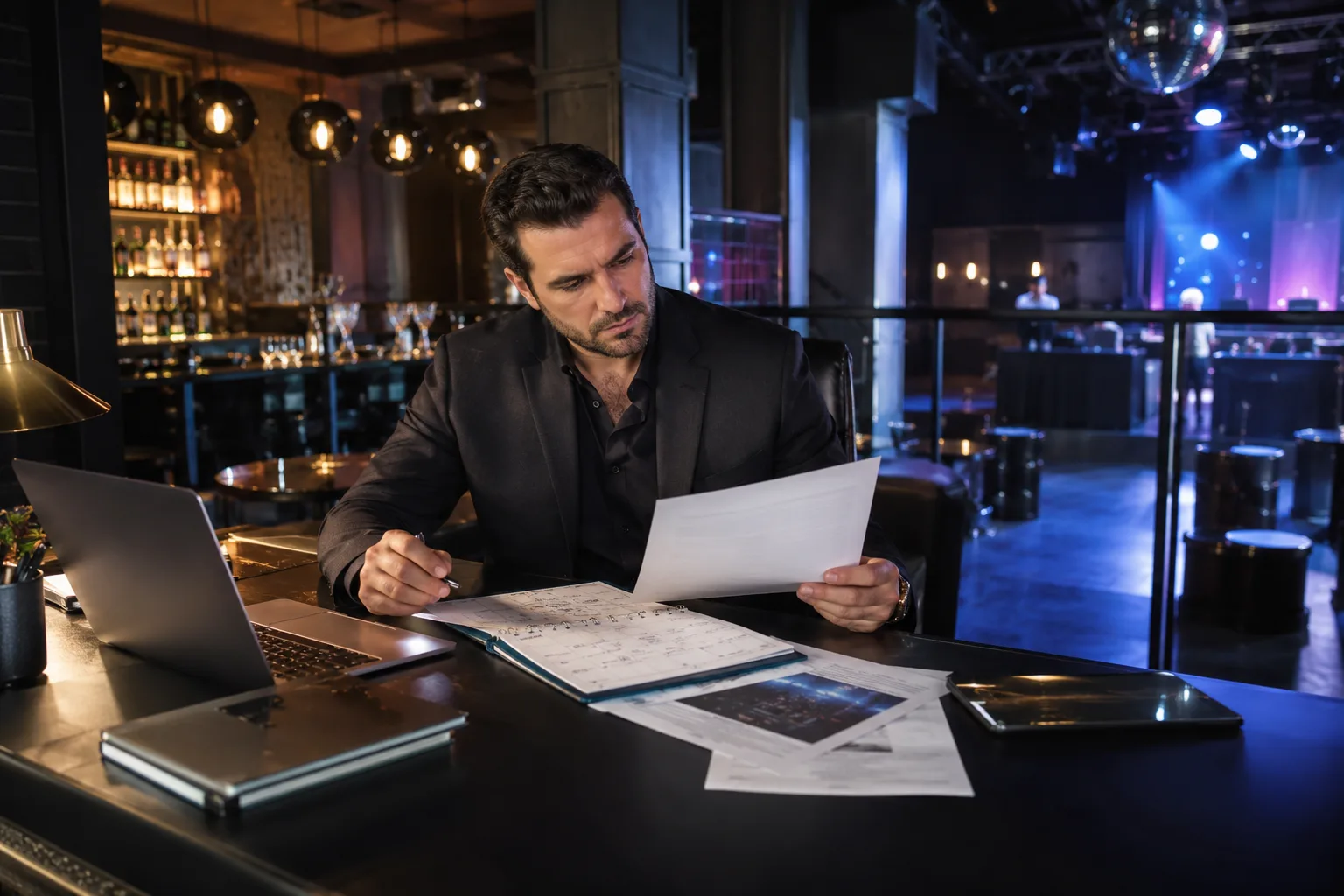 nightclub owner reviewing an event calendar and business documents