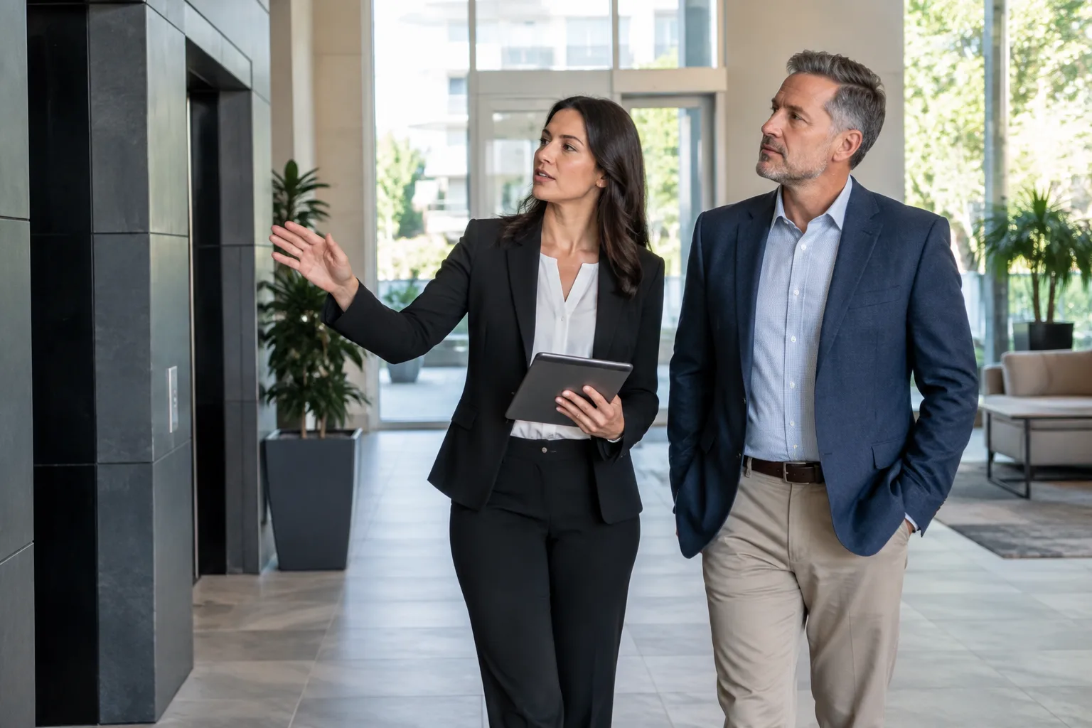 property manager inspecting common areas with a building owner