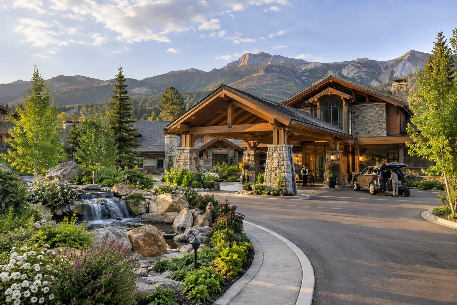 scenic mountain resort lodge with welcoming entrance and landscaped grounds