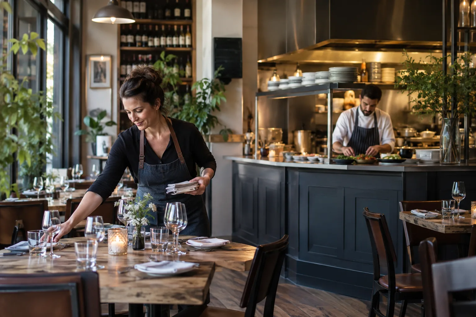 contemporary neighborhood bistro with owner and chef preparing for dinner