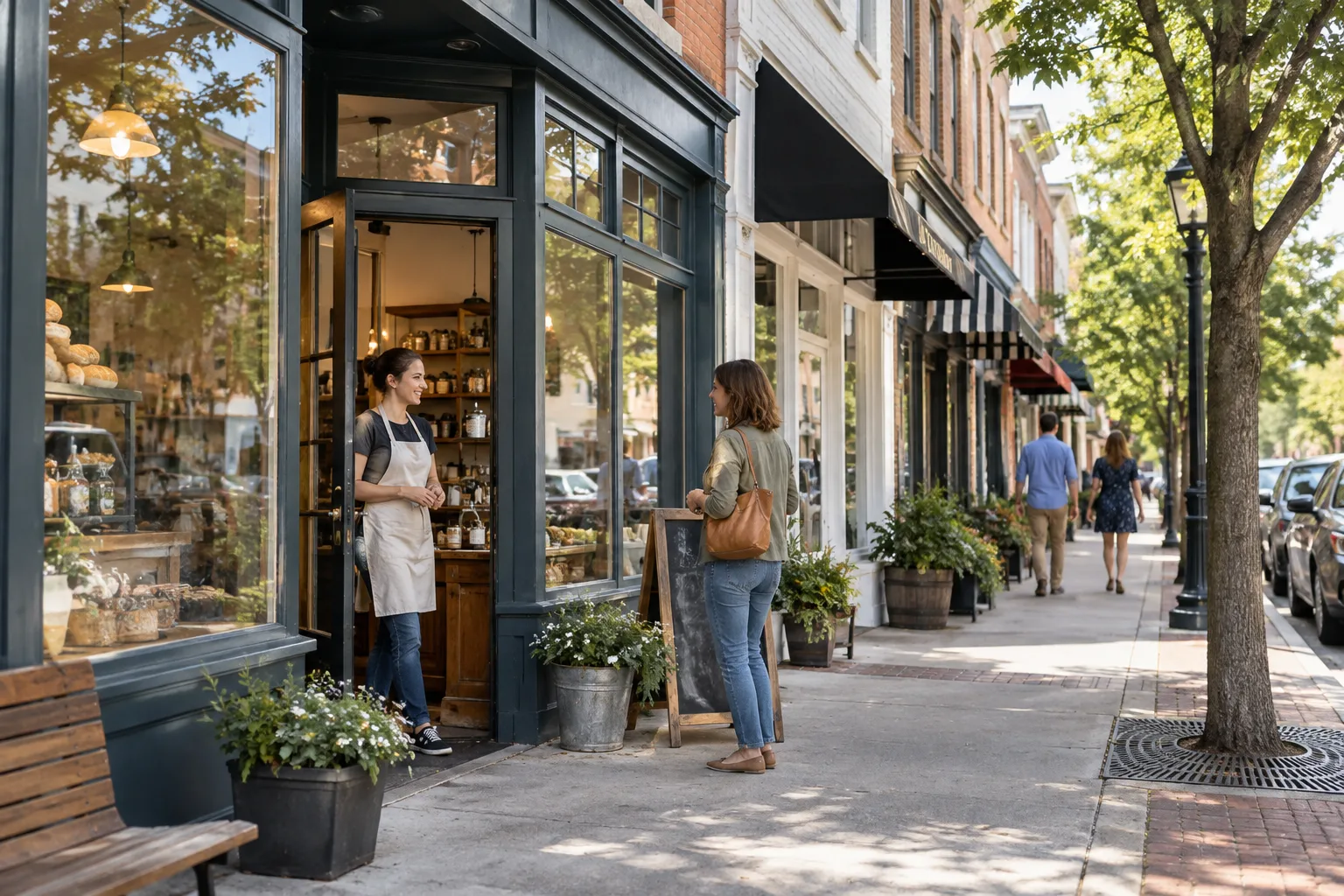 well-maintained small commercial building with neighborhood storefronts