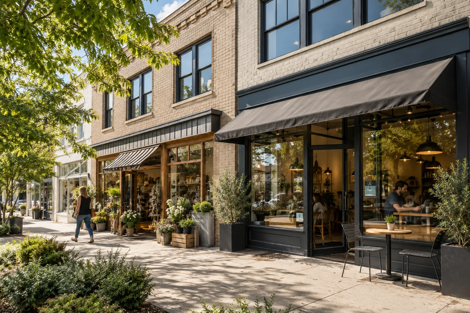small mixed-use commercial property with clearly maintained storefront entrances