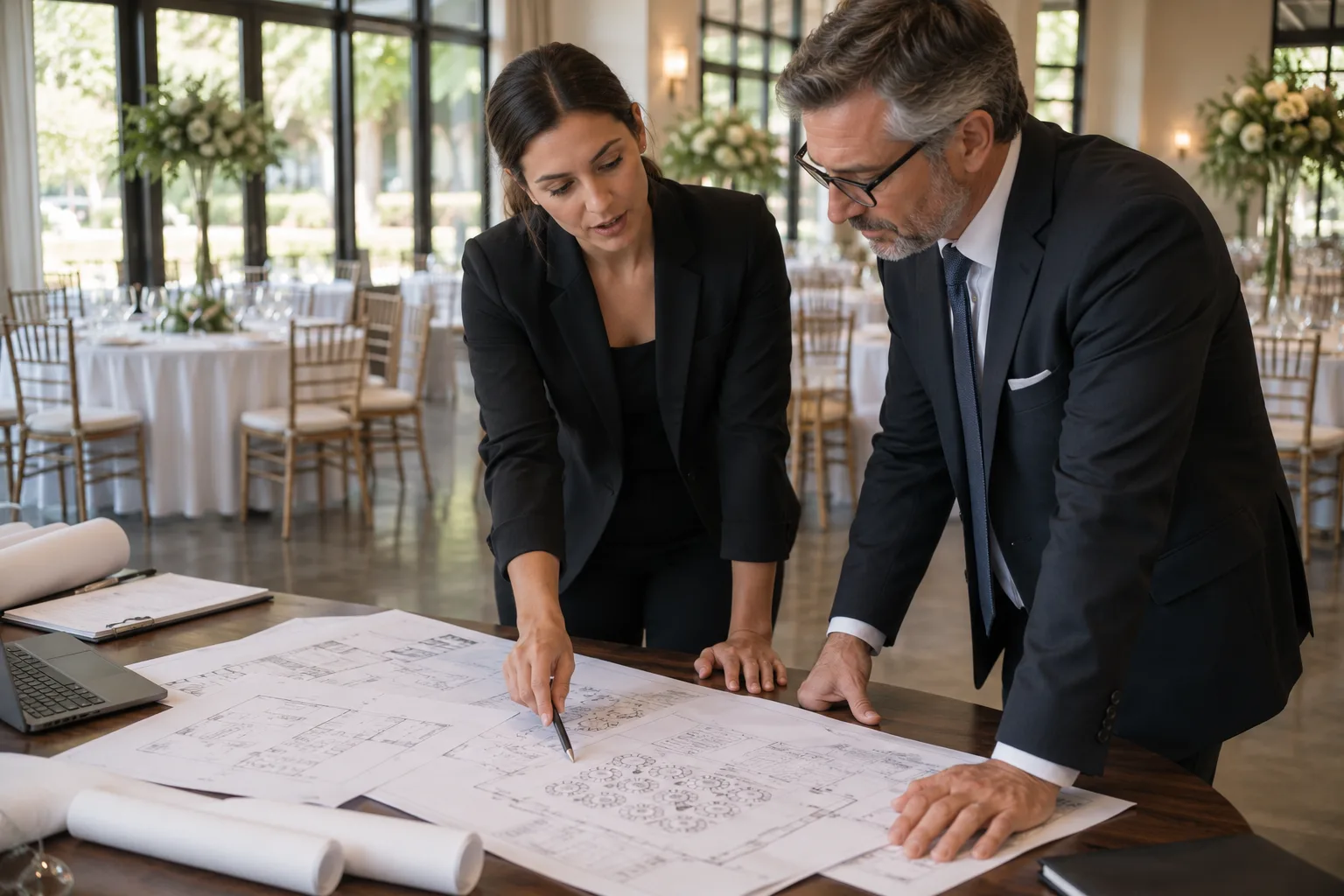 event coordinator reviewing venue floor plans with a manager