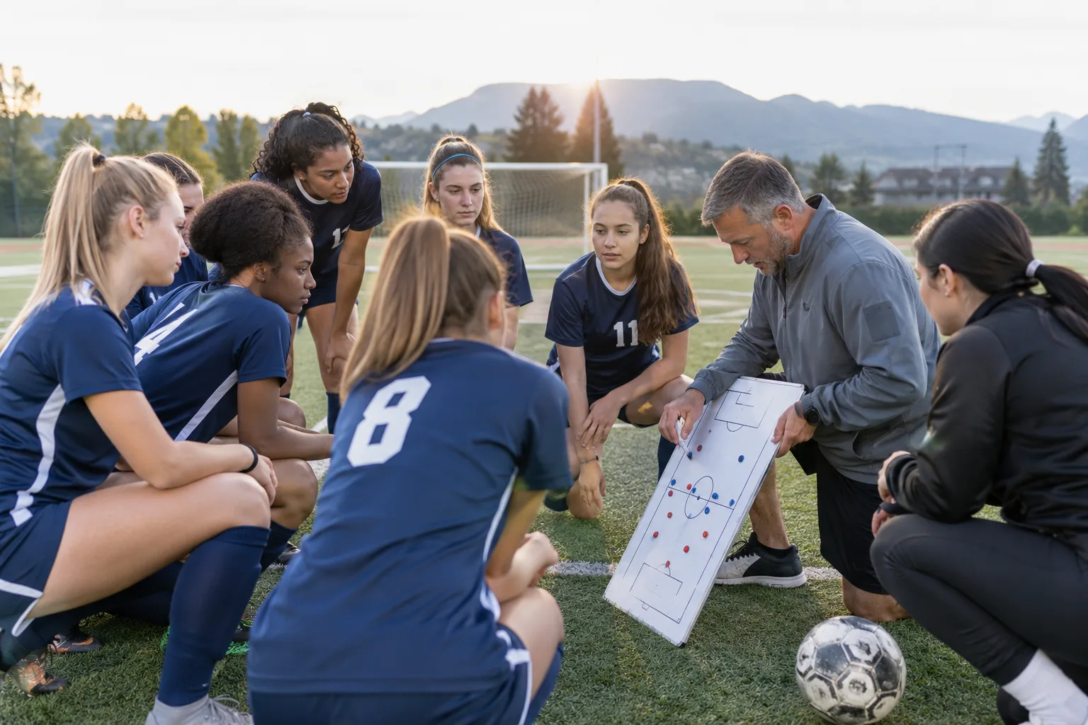 community sports team and coaches preparing on a maintained athletic field