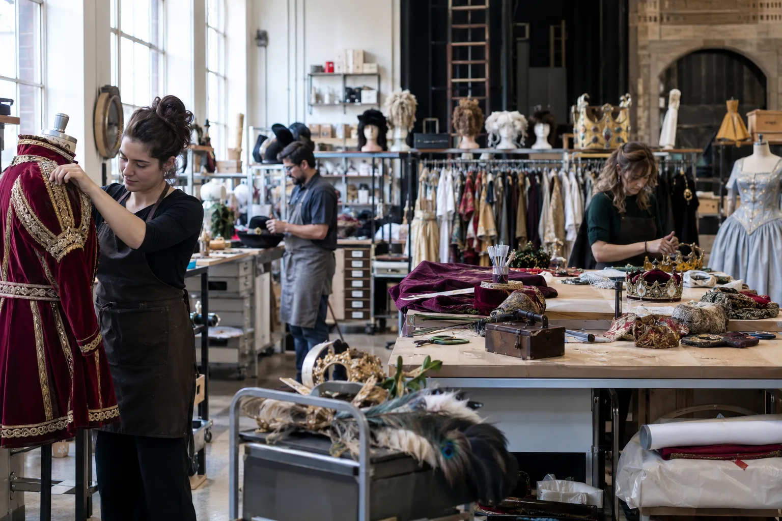 theater costume and prop workshop with organized racks and worktables