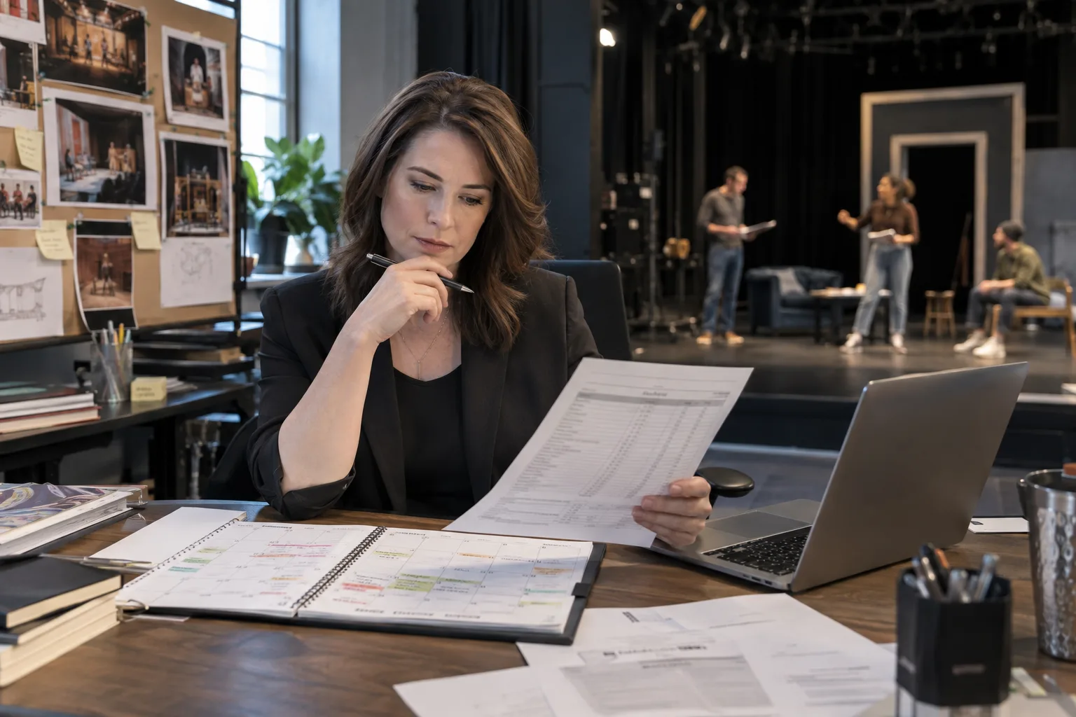 theater producer reviewing a rehearsal calendar and production budget