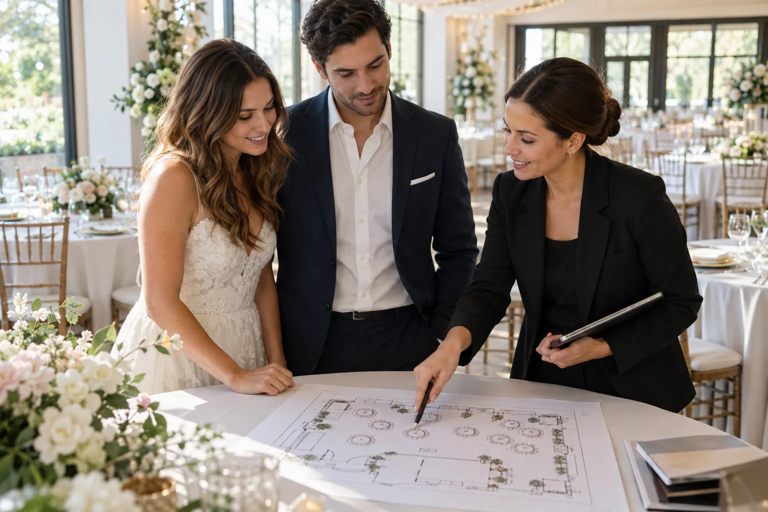 couple and wedding planner reviewing a venue layout