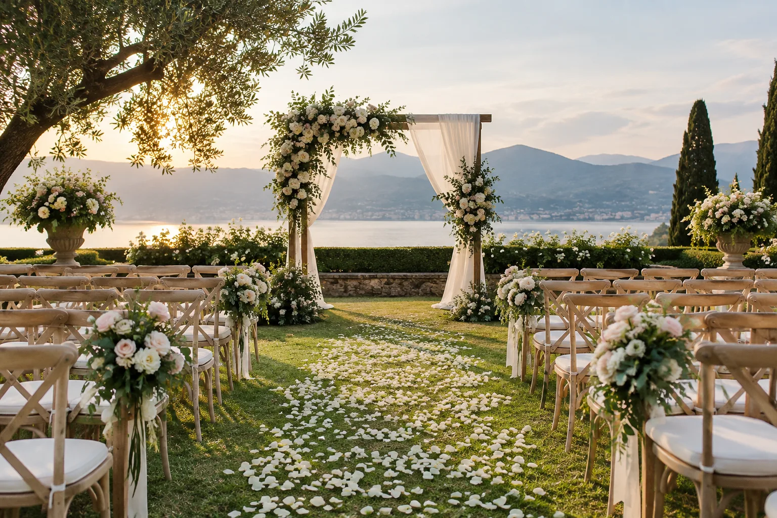 tasteful wedding ceremony garden with chairs and floral arch