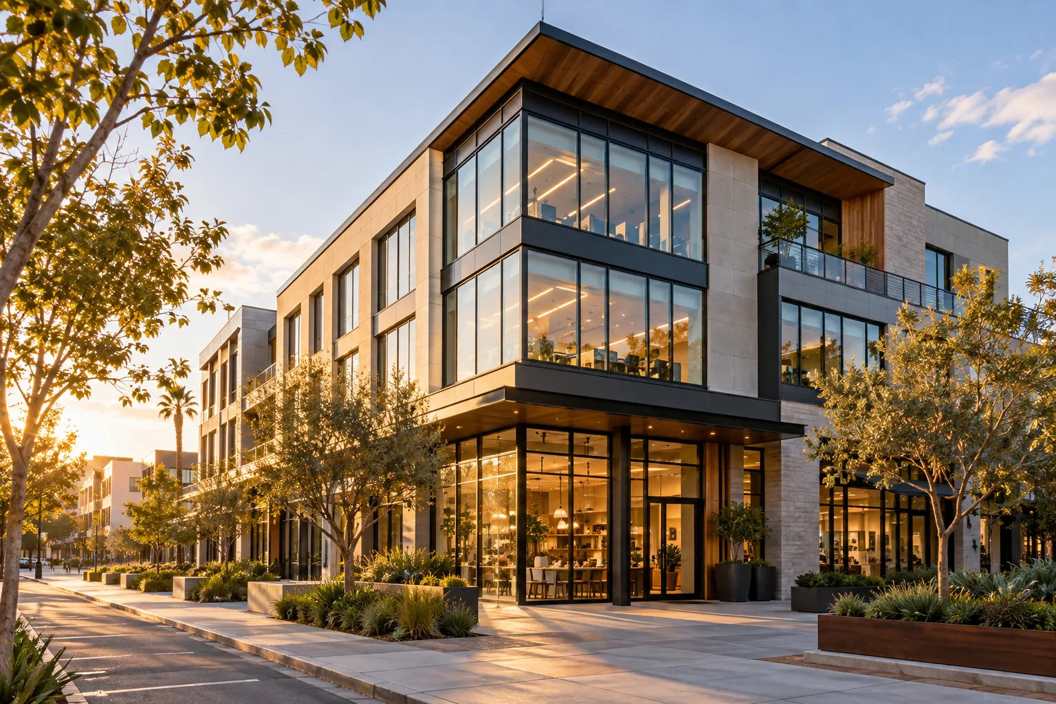 Modern mixed-use commercial building with retail frontage and offices