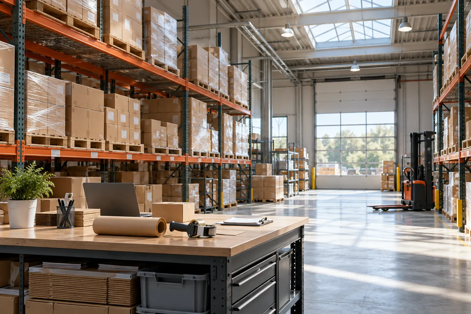 Organized warehouse inventory and business equipment