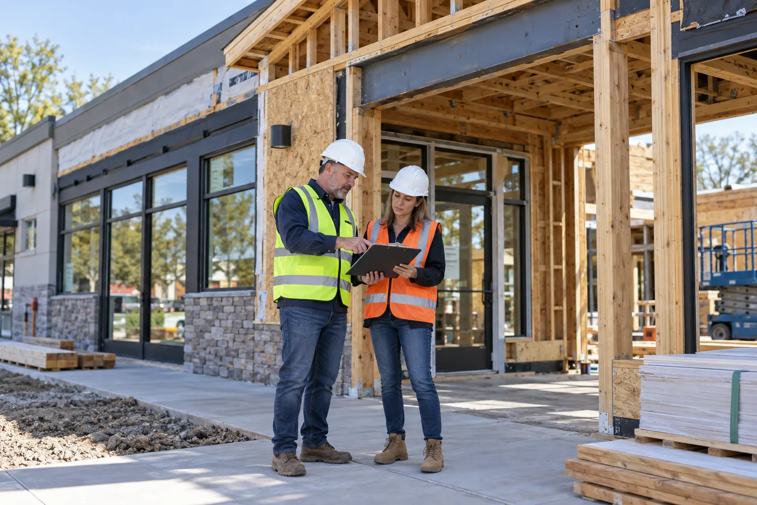 Professionals reviewing a commercial building restoration project