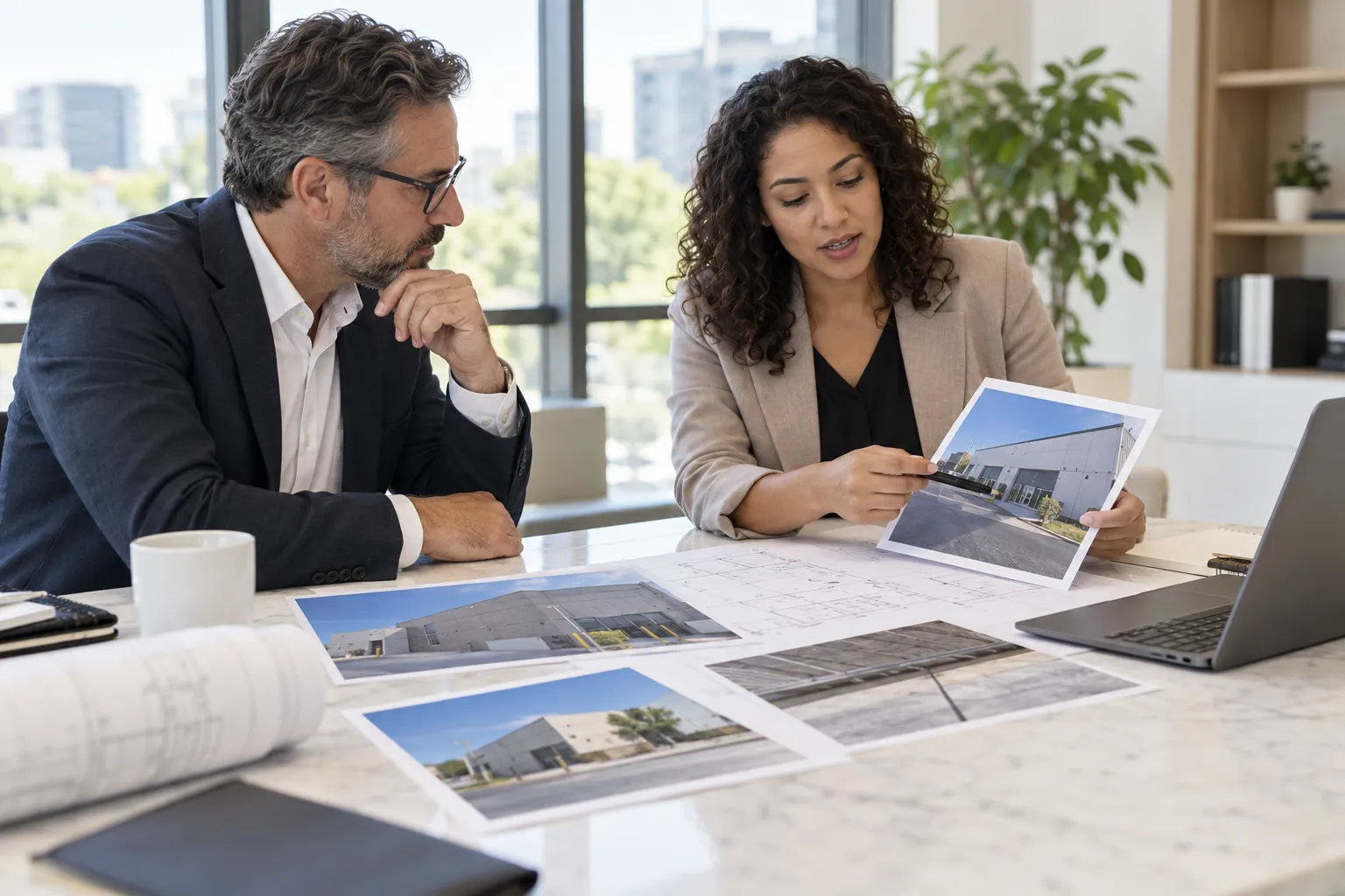 Property owner and adviser reviewing building plans together