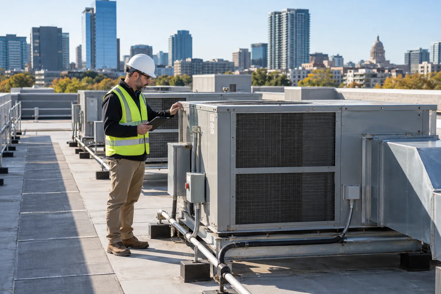 Building inspector reviewing rooftop mechanical equipment