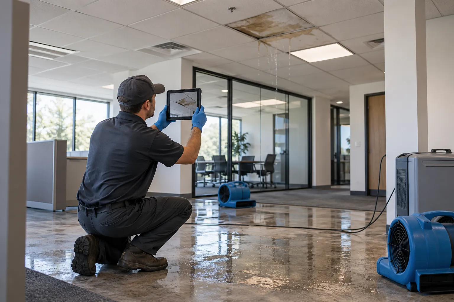 Restoration professional documenting water damage in a commercial office