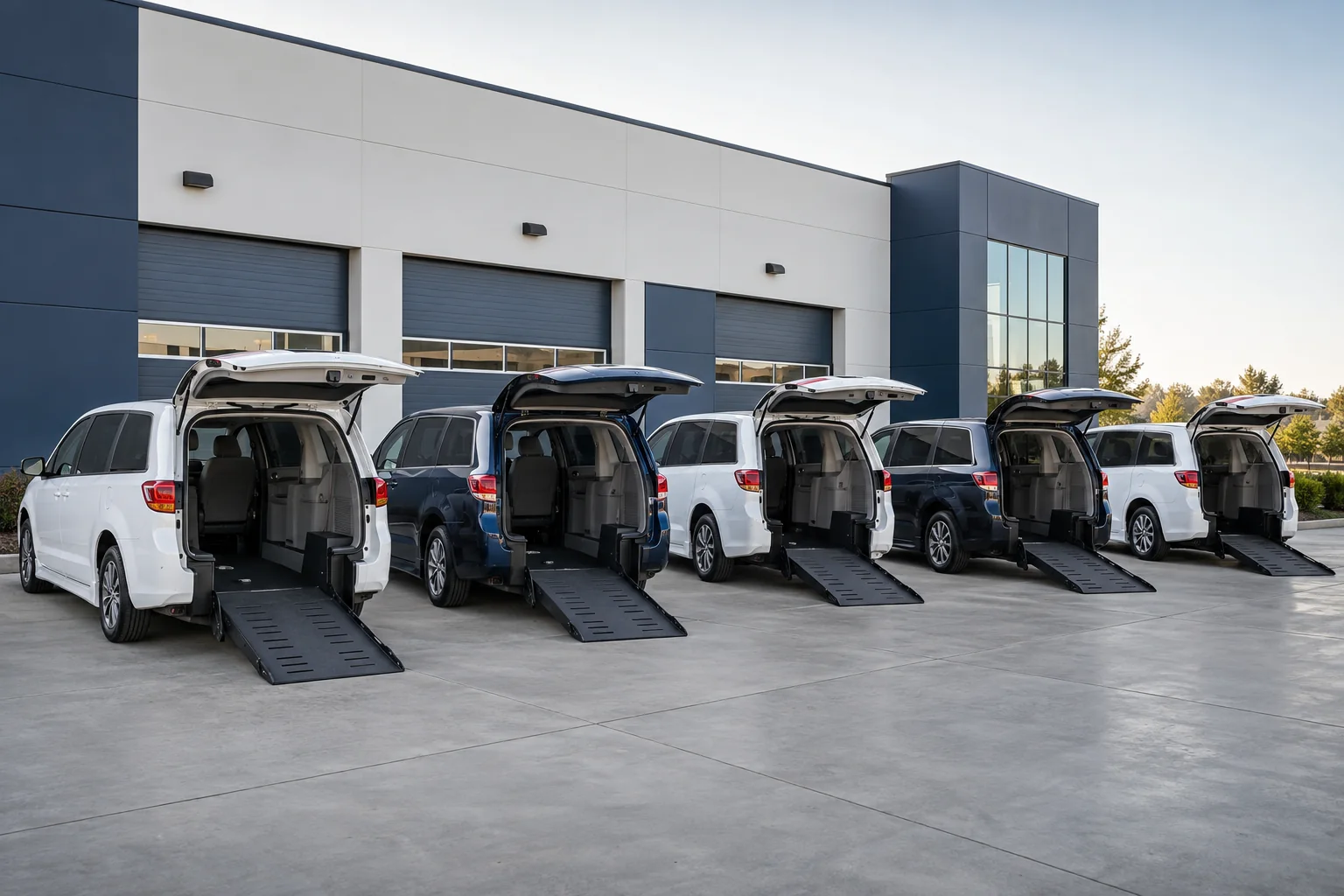 Five white and navy wheelchair vans staged neatly at training and equipment depot.