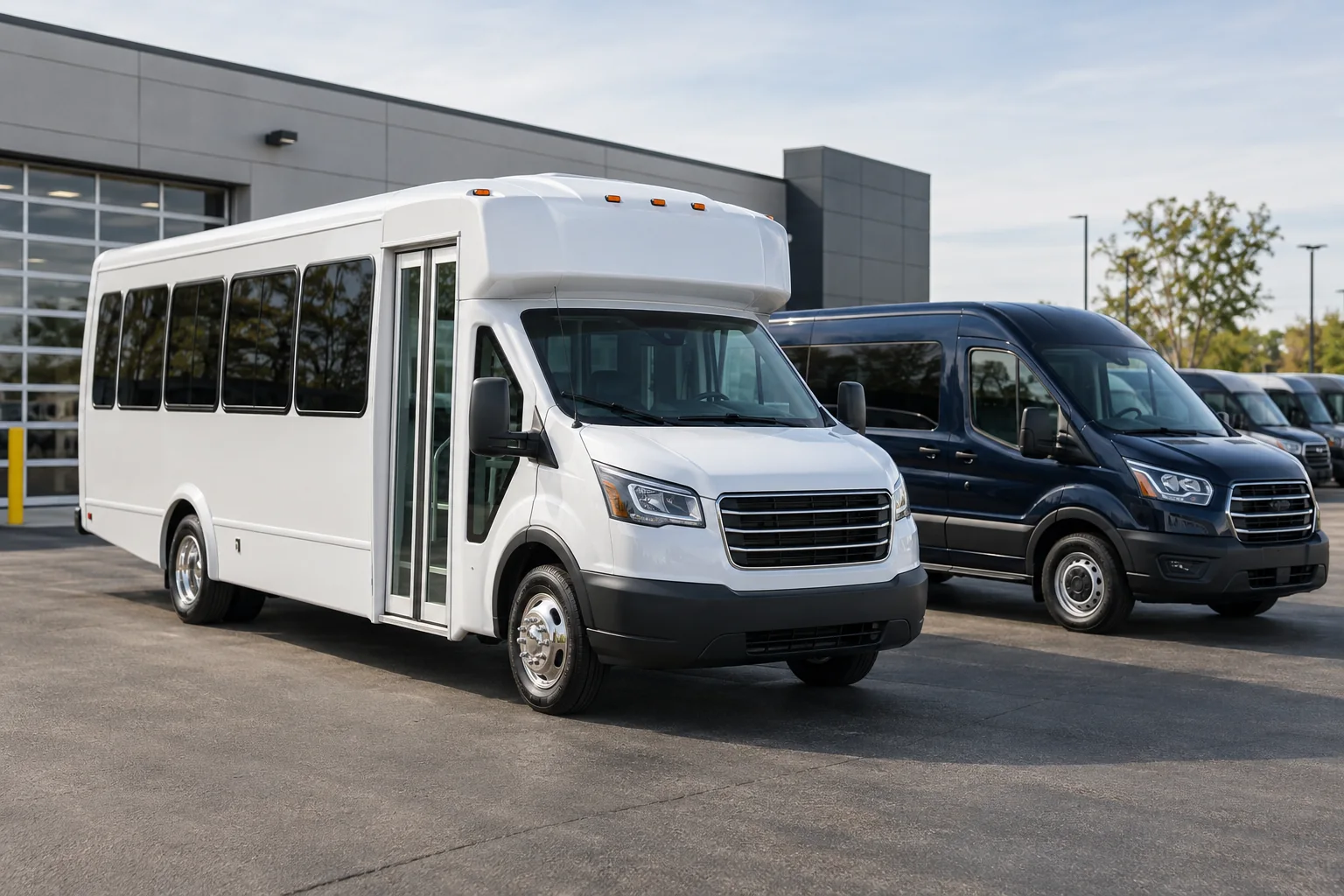 White accessible midsize shuttle at modern transit contract operations yard beside navy van.