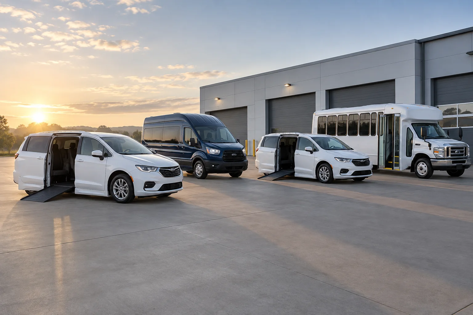 A mixed national transport fleet: two white wheelchair minivans, navy high-roof van and white accessible shuttle parked separately in expansive modern depot at sunrise.