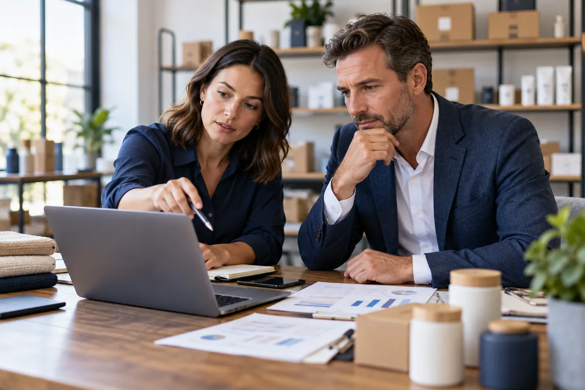 Business owner and advisor reviewing product inventory and insurance cost information