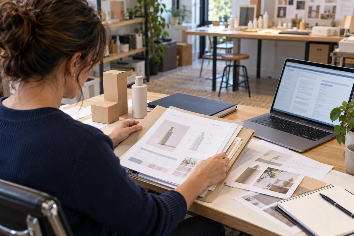 Business owner organizing product specifications and insurance documents