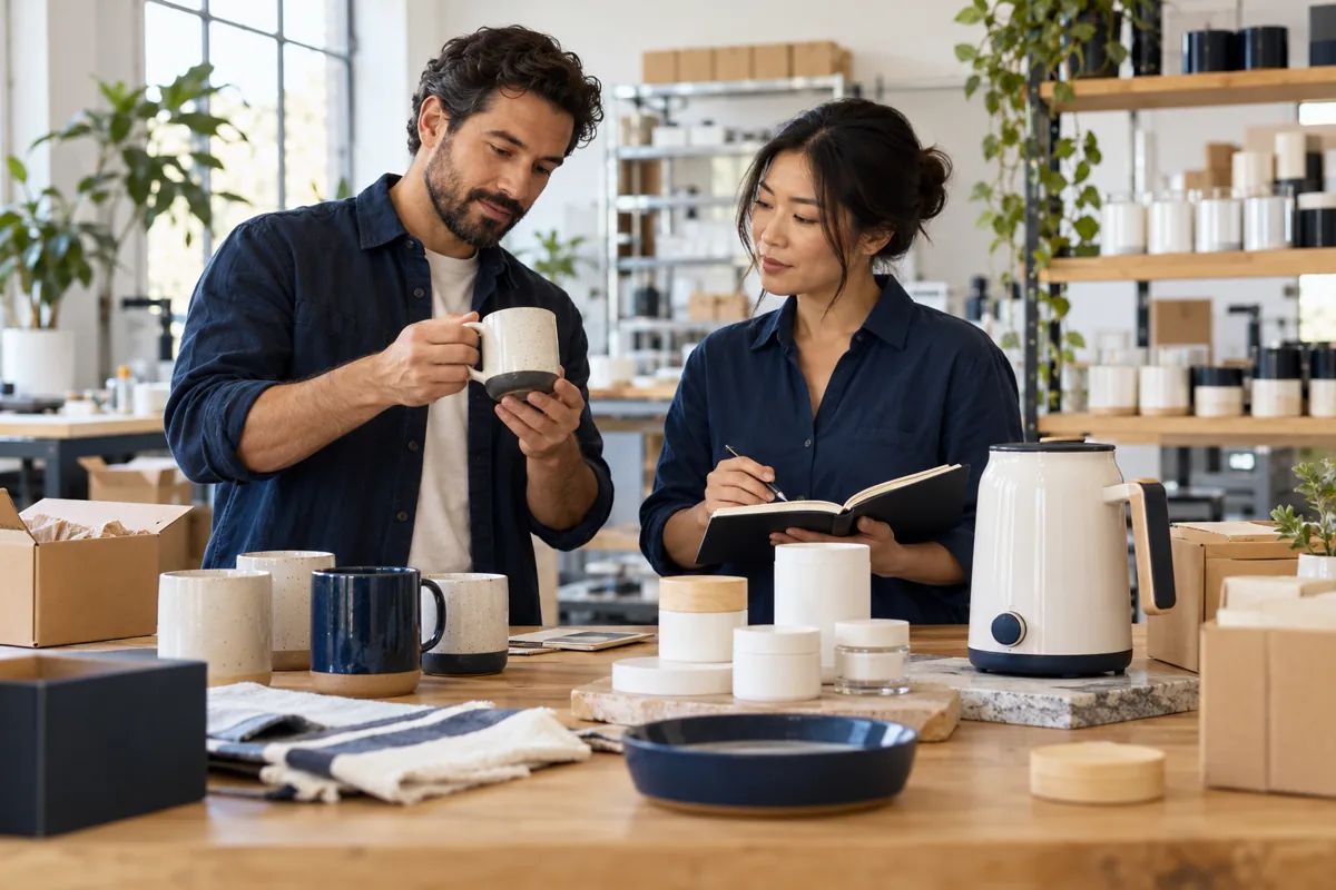 Product business owners reviewing household products and packaging