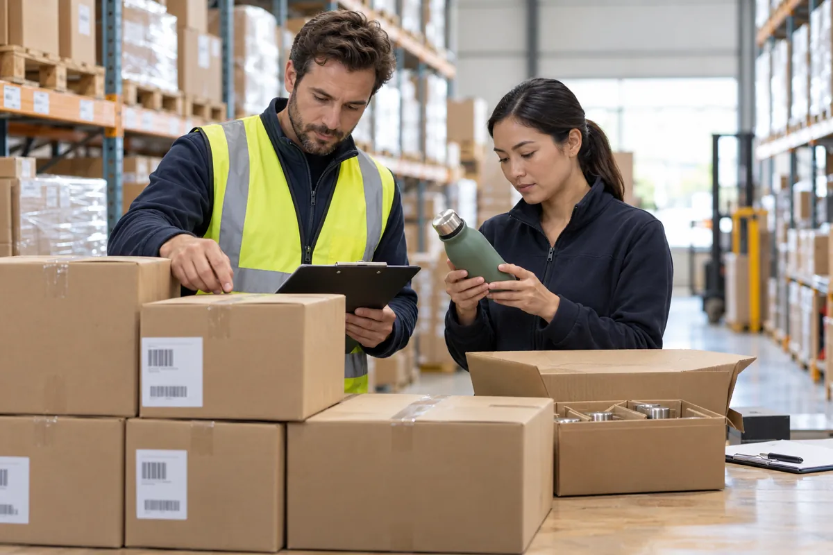 Importer and warehouse supervisor checking a received product
