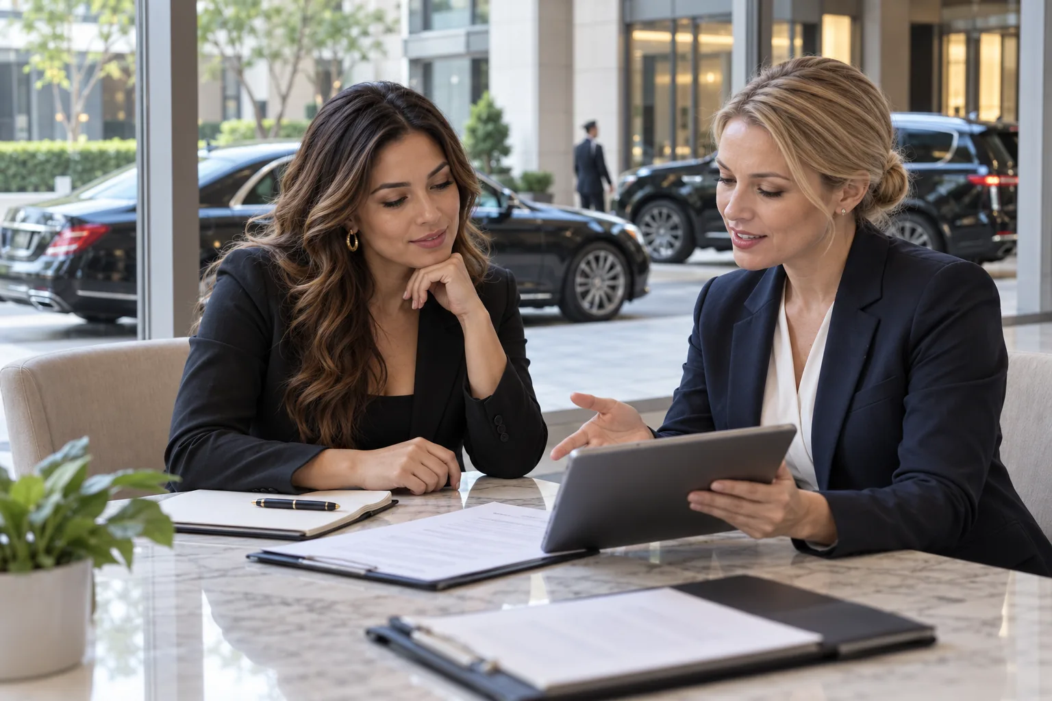 Rideshare business owner discussing coverage options with an insurance advisor